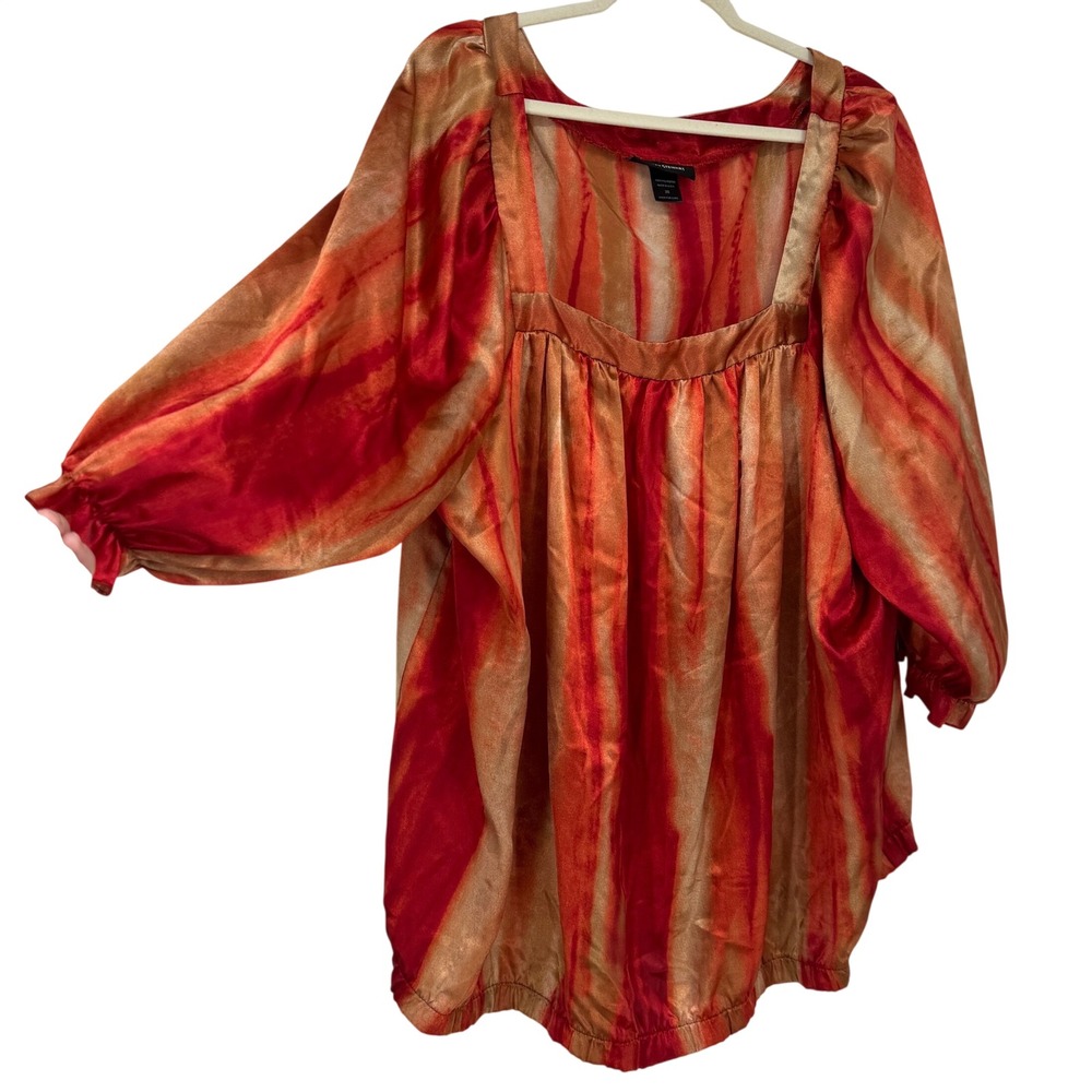 Ashley Stewart Size 26 Blouse Orange Red Abstract Puff Sleeve Square Neck